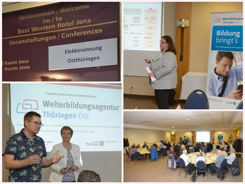 Mehrere Fotos von einer Veranstaltung im Best Western Hotel Jena mit Präsentation und Gruppen von Personen an Tischen