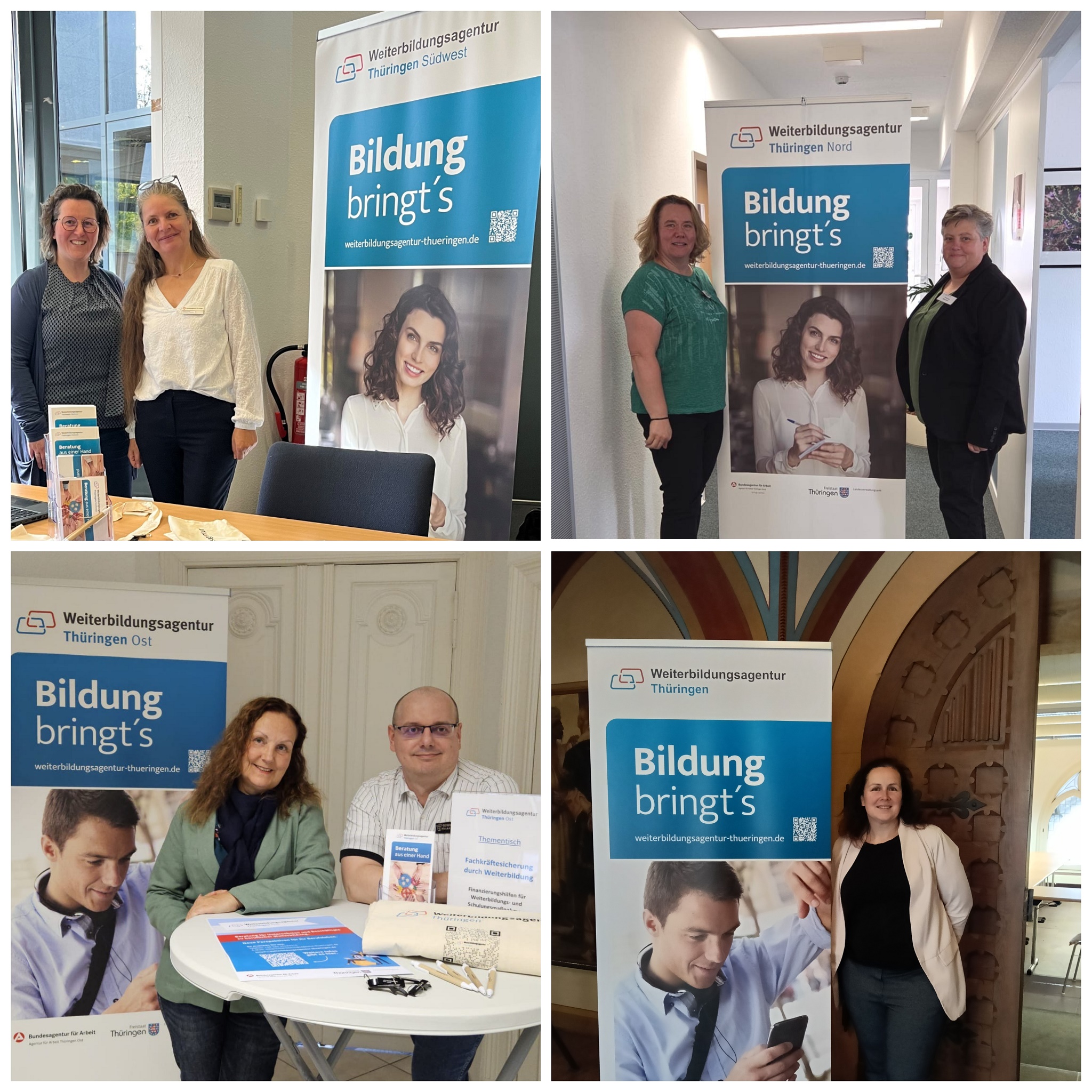 Vier Fotos von Personen an Informationsständen mit Bannern der Weiterbildungsagentur Thüringen, die den Slogan 'Bildung bringt's' zeigen.