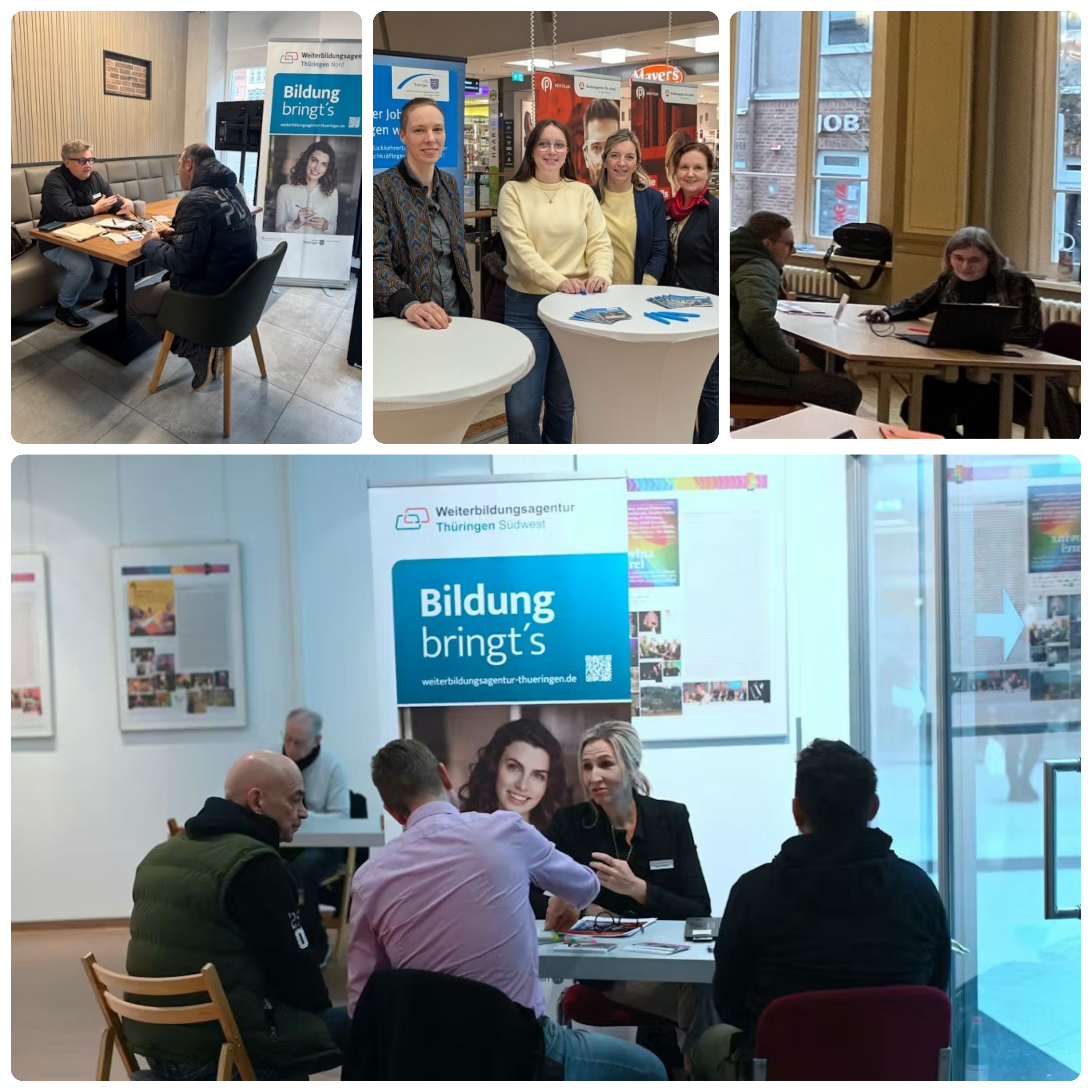 Mehrere Szenen mit Menschen, die an Tischen in Innenräumen Gespräche führen, teils vor Bannern mit dem Schriftzug 'Bildung bringt's' der Weiterbildungsagentur Thüringen.