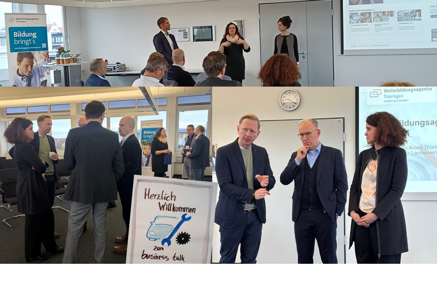 Mehrere Personen stehen und sitzen in einem Seminarraum, einige sprechen vor einer Leinwand, andere unterhalten sich in kleinen Gruppen, im Vordergrund ein Schild mit der Aufschrift 'Herzlich Willkommen zum business talk'.