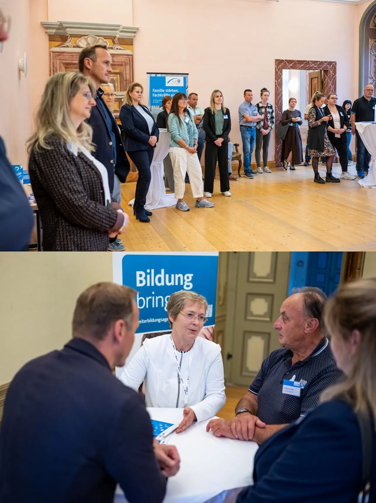 Zweiteilige Bildcollage der Veranstaltung „ThAFF vor Ort“ im Schloss Oppurg: Oben verfolgen Teilnehmende eine Ansprache, unten tauschen sich vier Personen an einem Stehtisch aus.